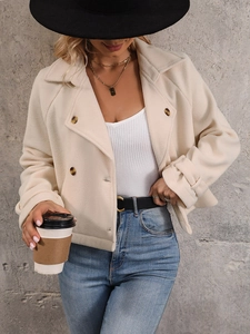 Women's cream white polar fleece jacket with double-breasted buttons and lapel collar