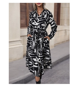 Detail of a shirt dress featuring abstract print, lapel collar, and waist tie belt
