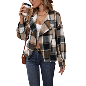 Veste à carreaux vintage pour femme avec revers et fermeture éclair marron et beige