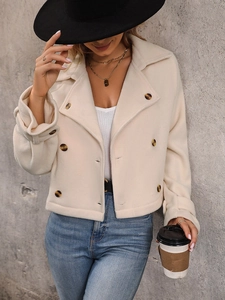 Chic cream double-breasted fleece jacket with brown buttons and large lapels for women