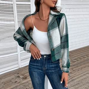 Women's vintage green plaid flannel jacket with lapel collar and short cropped fit