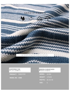 Gros plan détaillé sur la texture tricotée ondulée et les rayures bleues du pull-over D360
