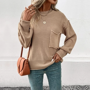 Women Casual Round Neck Knitted Sweater Loose Long Sleeve Pullover With Pocket Exposed Seam Detail Autumn Winter Top