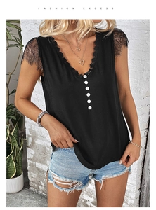 Close-up of black V-neck top with eyelash lace trim and white decorative buttons