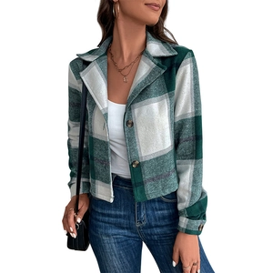 Women's short plaid jacket in dark green and white with vintage lapels and buttons
