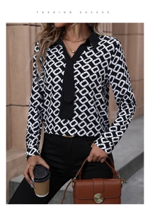 Detail of long-sleeved shirt with geometric prints, black lapels and a bow-tie neckline