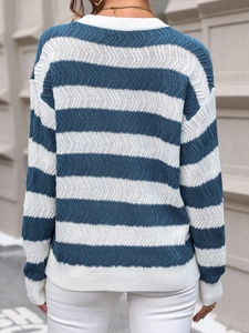 Detail of blue and white striped knit sweater showing wavy texture and ribbed cuffs