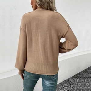 Women's loose long sleeve camel knit sweater with ribbed cuffs and drop shoulder back view