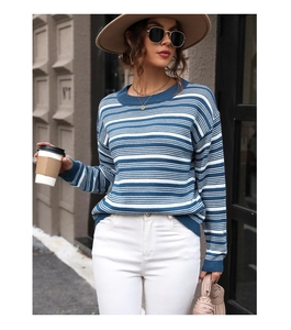 Détail d'un pull en maille rayé bleu et blanc à manches longues et poignets côtelés