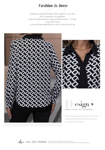 Detail view of long-sleeved shirt showing black and white geometric pattern and collared neckline