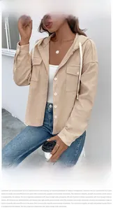 Detail view of the beige corduroy hooded jacket with front pockets and white drawstring