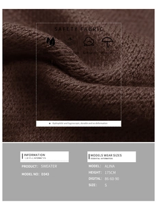 Macro view of dark brown knitted sweater fabric texture and model size information guide