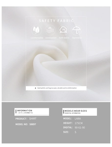 Detail of white breathable fabric texture and model size chart for women's bow shirt