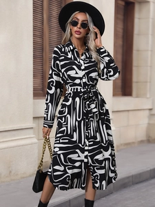 Damen Langarm Hemdkleid Mit Abstraktem Print Und Bindegürtel Reverskragen Button Down Midikleid Für Büro Casual Streetwear