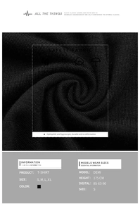 Detail showing the elastic knit fabric texture and V-neck lace patchwork of this black T-shirt