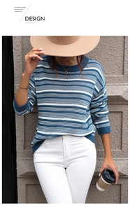 Détail d'un pull en maille rayé bleu et blanc avec col rond et manches longues sur modèle
