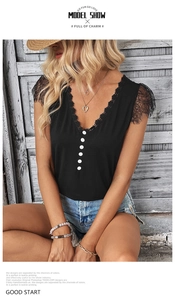 Close-up of black V-neck top with eyelash lace trim and white decorative buttons