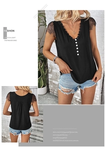 Close-up detail of the black V-neck top showing delicate lace trim and white front buttons