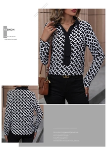 Detail of long sleeve blouse featuring geometric chain print and black necktie detail