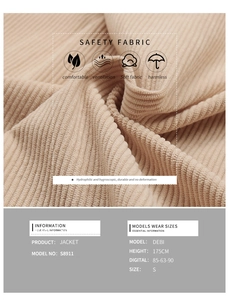 Detailed fabric texture of beige corduroy jacket with professional size chart and model info