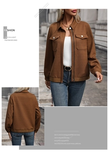 Détails de la veste marron avec texture matelassée géométrique, zip et poches