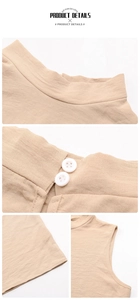 Detail view of apricot sleeveless shirt featuring stand collar and back button closure