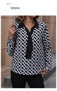 Detail of long sleeve blouse featuring black and white geometric pattern and V-neck ties