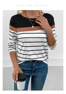 Detail of crew neck striped color-block long sleeve top with coin pendant necklace