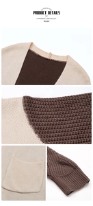 Detail view of chunky knit cardigan showing color-block texture, V-neck, and ribbed cuffs
