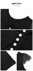 Detail of black V-neck top with eyelash lace trim, white buttons, and mesh lace sleeves