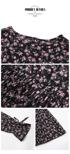Detailed views of floral chiffon dress featuring elastic waist and bow tie ruffled cuffs