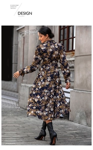 Detail of floral print chiffon dress featuring ruffled hem and elastic waist design