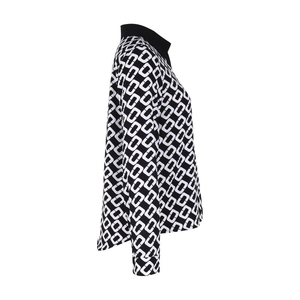 Detail of long-sleeved shirt with black and white geometric chain print and lapel collar
