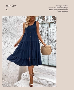 Detail of navy blue sleeveless tiered dress featuring a front button placket and pleated layers