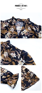 Detail of floral chiffon dress with ruffled collar, V-neck, and elastic flared cuffs