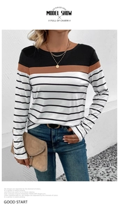 Close-up of women's striped patchwork long sleeve top with crew neck and stylish accessories