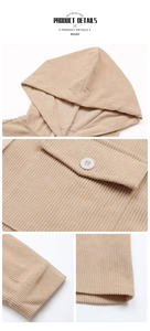 Detail view of beige corduroy hooded jacket with white buttons and pocket stitching