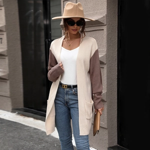 Women Color Block Knitted Cardigan Sweater Long Sleeve Open Front Outerwear With Large Pockets Loose Casual Autumn Knit Coat