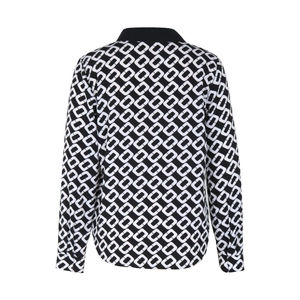 Back view of long sleeve shirt featuring black and white geometric chain print and button cuffs