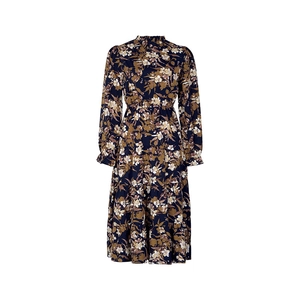 Detail of high-neck floral maxi dress with tiered skirt in navy blue and brown print