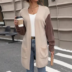 Women's color block knit cardigan with brown sleeves and large pockets for autumn wear