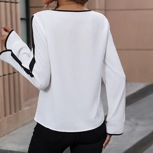 Women white long sleeve chiffon blouse with black contrast piping and bow tie back design