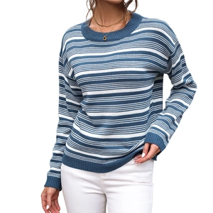 Pull en tricot à col rond pour femme avec rayures horizontales classiques bleues et blanches