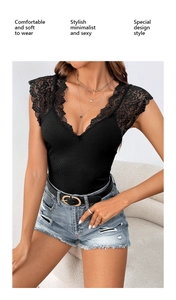 Detail of sexy V-neck bodysuit with delicate black lace patchwork and ribbed texture fabric