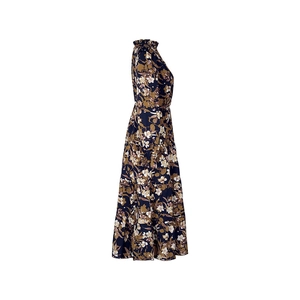 Detail of a dark blue tiered floral maxi dress with mock neck and long sleeves