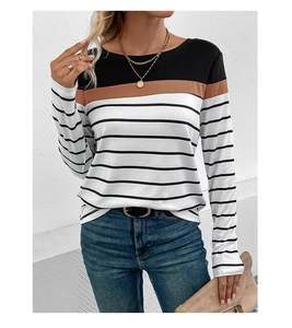 Close-up of women's long sleeve T-shirt with striped patchwork design and round neck