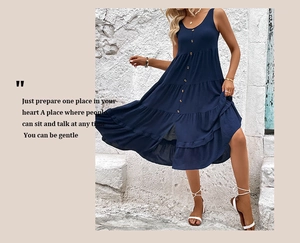 Detail of navy blue sleeveless tiered dress with button decor for summer vacation style