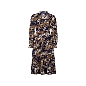 Close-up of V-neck ruffled collar and autumn floral pattern on long sleeve dress