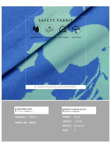 Detail view of breathable printed dress fabric featuring safety material specifications