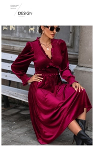 Detail of elegant burgundy velvet dress showing ruffle trim and deep V-neckline texture